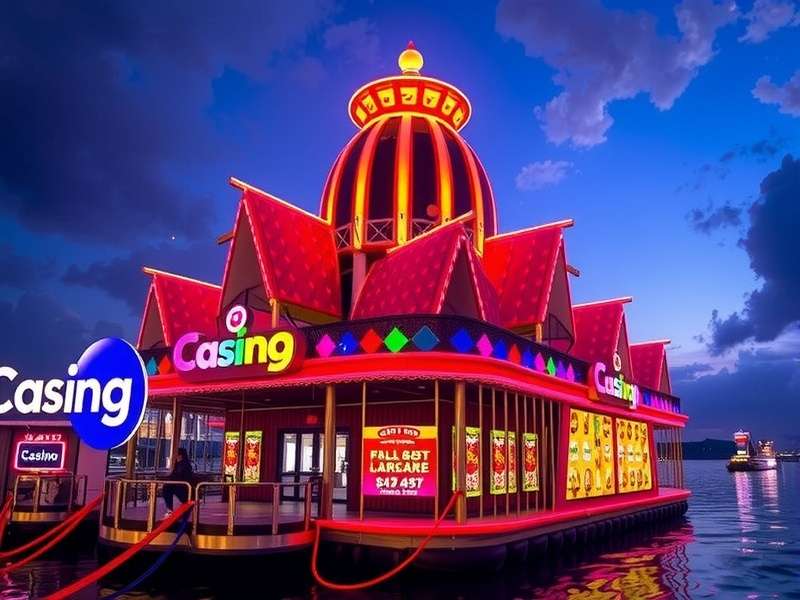 Interior of a luxurious floating casino in India with gaming tables and chandeliers