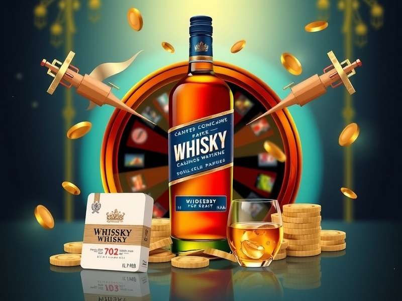 Casinos Pride Whisky bottle with casino chips and cards on a wooden table